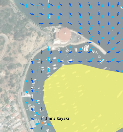 Carte indiquant dans quelle mesure la direction source et la direction arrière diffèrent en présence d’une presqu’île entre un kayakiste et sa destination Carte indiquant dans quelle mesure la direction source et la direction arrière diffèrent en présence d’une presqu’île entre un kayakiste et sa destination