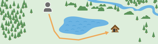 Le chemin du randonneur varie en présence d’un lac entre lui et la cabane Le chemin du randonneur varie en présence d’un lac entre lui et la cabane
