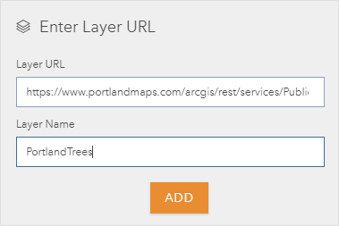 Volet Enter Layer URL (Saisir l'URL de la couche) illustrant l'URL du service et le nom de la couche défini sur PortlandTrees Volet Enter Layer URL (Saisir l'URL de la couche) illustrant l'URL du service et le nom de la couche défini sur PortlandTrees