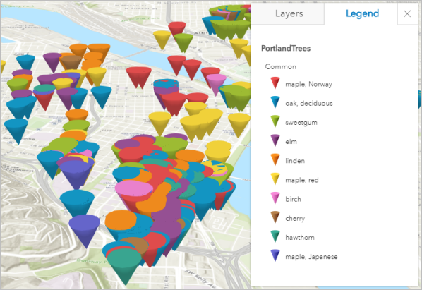 Scène et légende avec des cônes 3D représentant des types d’arbres Scène et légende avec des cônes 3D représentant des types d’arbres